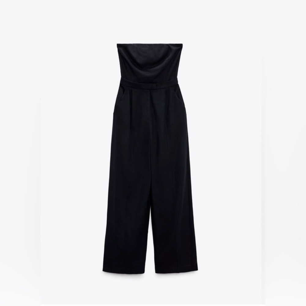 Zara Strapless Linen Blend Jumpsuit Straight
Neck Wide Leg Navy Boho Blogger - Picture 3 of 5